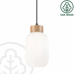 Hængelampe Harmony, Ø 14 cm, hvid/eg, glas/træ