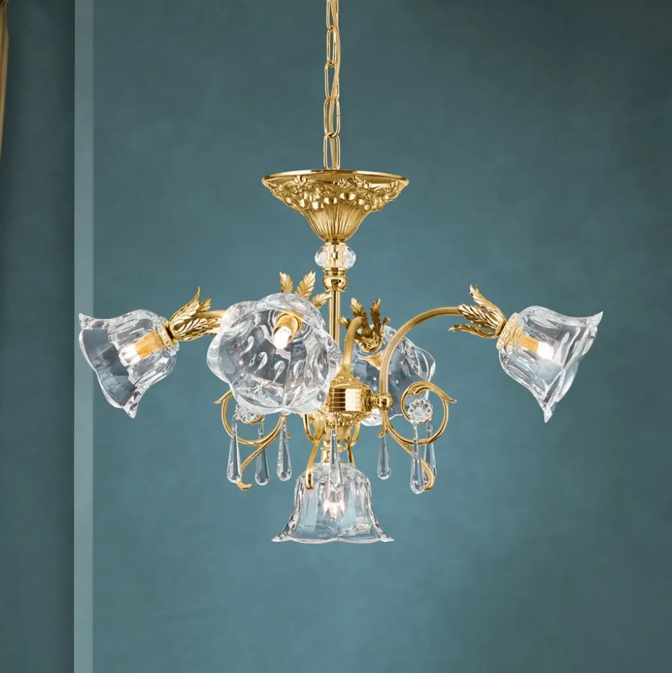 Hængelampe La Boheme, guld, 5 lyskilder, krystalglas