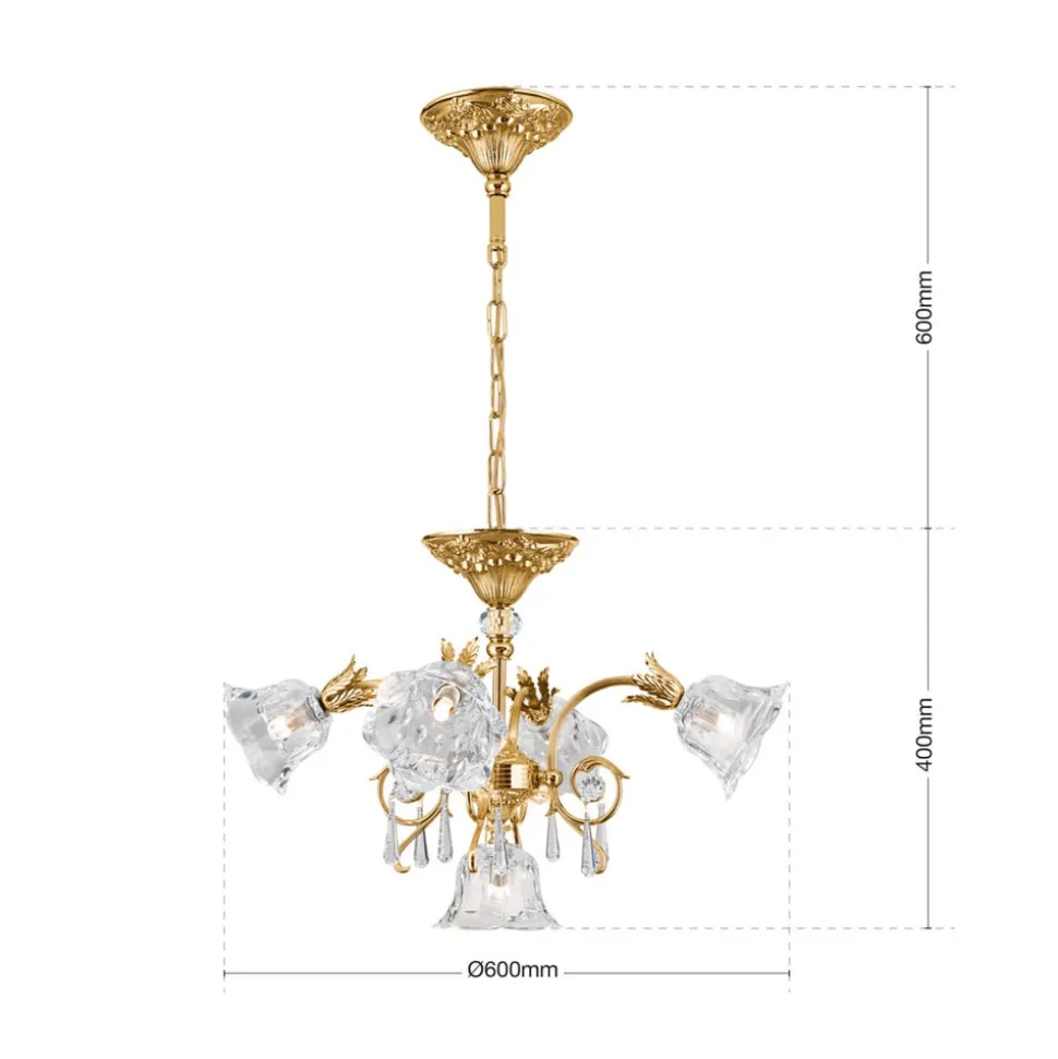 Hængelampe La Boheme, guld, 5 lyskilder, krystalglas