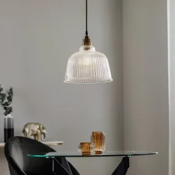 Hængelampe Leana, glas klar, 1 lyskilde, gammel messing