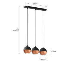 Hængelampe Midnight i sort/kobber 3-faset lang