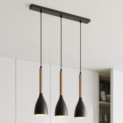 Hængelampe Muza 3 lyskilder lang sort/lys træ