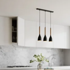 Hængelampe Muza 3 lyskilder lang sort/lys træ