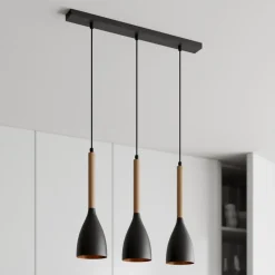 Hængelampe Muza 3 lyskilder lang sort/lys træ
