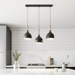 Hængelampe Noak 3-flammet lang sort/naturtræ