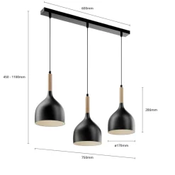 Hængelampe Noak 3-flammet lang sort/naturtræ