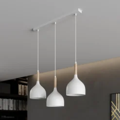 Hængelampe Noak, hvid/naturtræ, 3 lyskilder lang