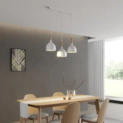 Hængelampe Noak, hvid/naturtræ, 3 lyskilder lang