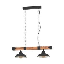 Hængelampe Oldbury, sort/mørkt træ, længde 86 cm, 2 lyskilder.