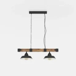 Hængelampe Oldbury, sort/mørkt træ, længde 86 cm, 2 lyskilder.