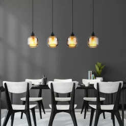 Hængelampe Xia, længde 89 cm, røggrå, 4 lyskilder, glas