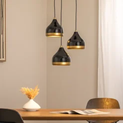 Hængelampe Yildo, 3 lyskilder, sort/guld, rund, Ø37 cm