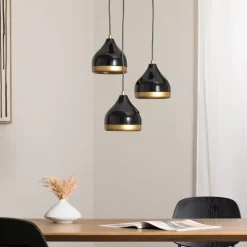 Hængelampe Yildo, 3 lyskilder, sort/guld, rund, Ø37 cm