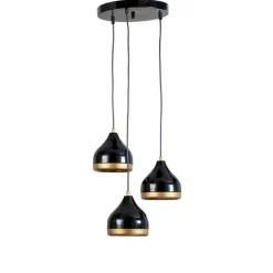 Hængelampe Yildo, 3 lyskilder, sort/guld, rund, Ø37 cm