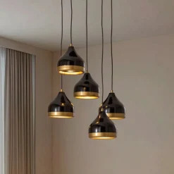 Hængelampe Yildo, 5 lyskilder, rund, sort/guld, Ø43 cm