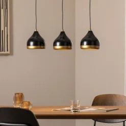 Hængelampe Yildo, lineær, 3 lyskilder, sort/guld, metal