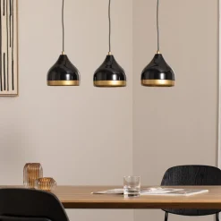 Hængelampe Yildo, lineær, 3 lyskilder, sort/guld, metal