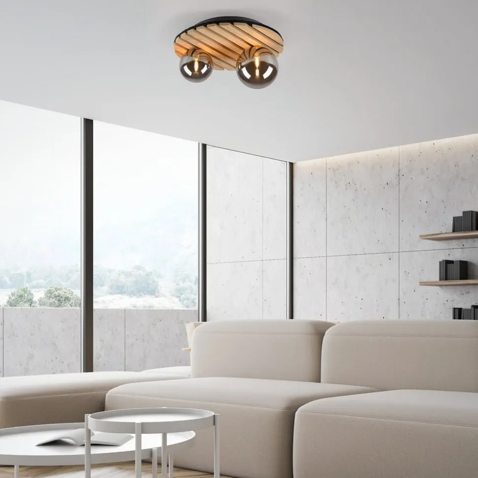 JUST LIGHT. Grøn Stika loftlampe, rund, 2 lyskilder, træ