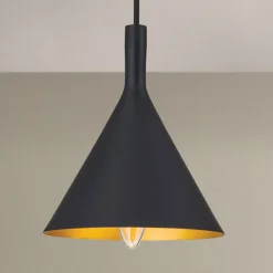 Kegleformet pendellampe Gunda i sort-guld
