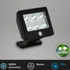 Kollig udendørs LED-spot med sensor, IP54, sort