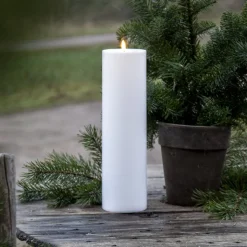 LED lys Flamme Rak 37,5 cm hvid plast batteridrevet