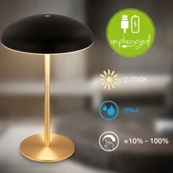 LED-bordlampe med batteri Brilo unplugged Caxa, sort/messing