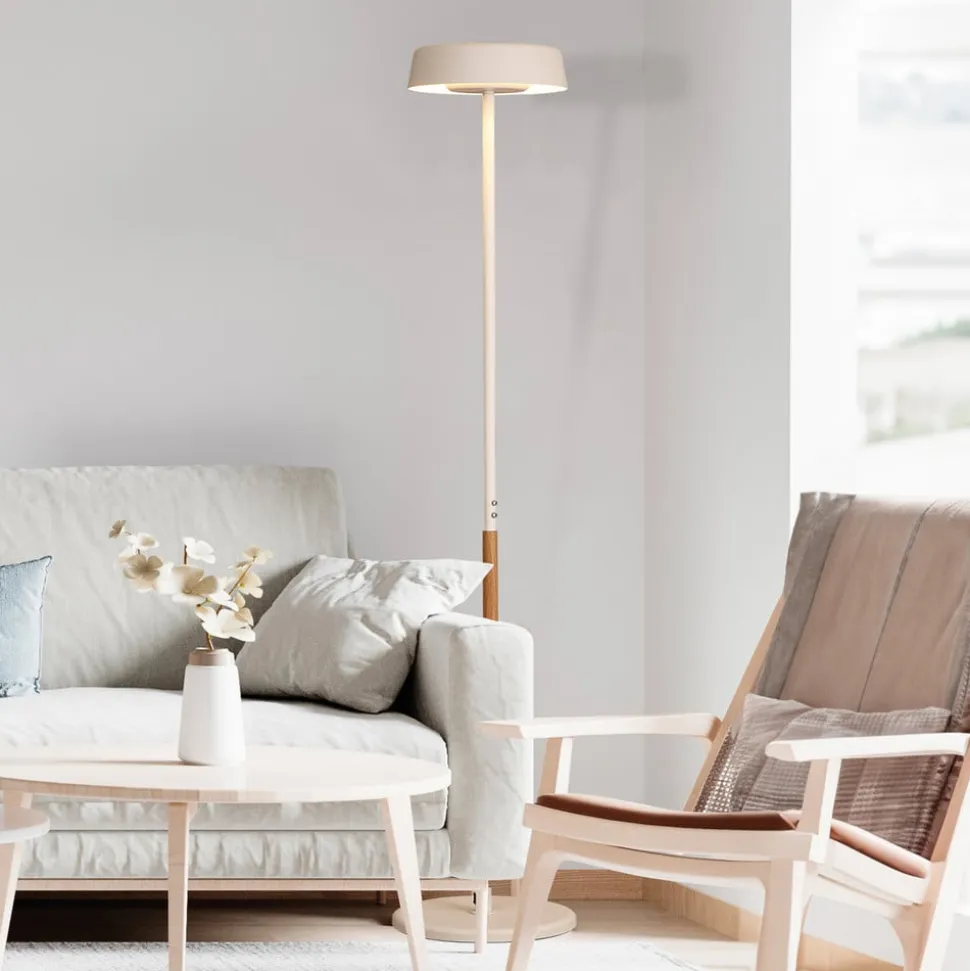 LED-gulvlampe Noa II, touchdæmper, stål, hvid/træfarvet