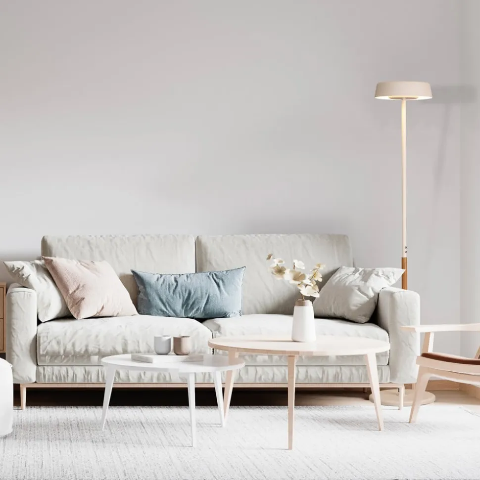 LED-gulvlampe Noa II, touchdæmper, stål, hvid/træfarvet