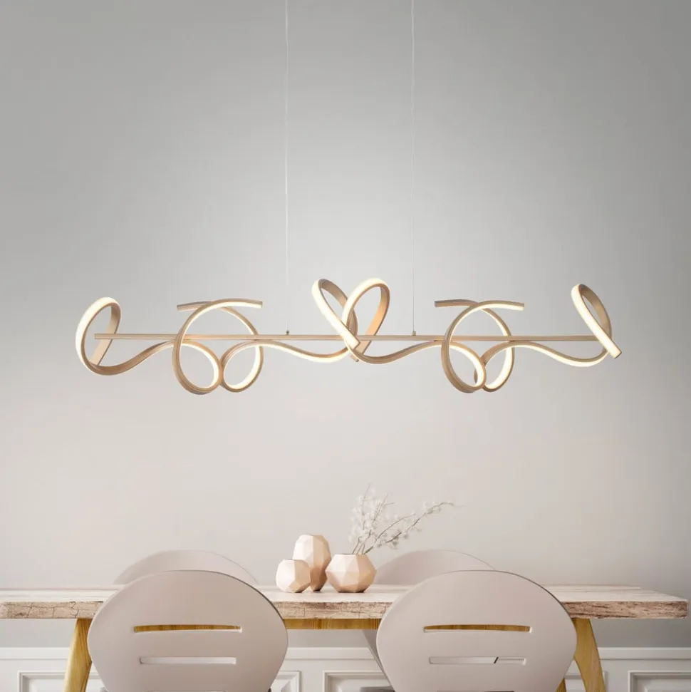 LED-hængelampe Curls, messing, metal, 99 cm lang, dæmpbar