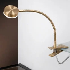 LED-klemmelampe Mira, fleksibel arm, guld