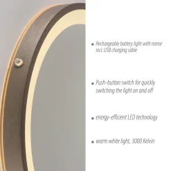 LED-vægspegel VIDRO, bronze, Ø 36 cm, powerbank, afbryder