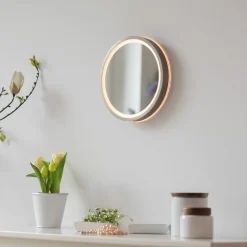 LED-vægspegel VIDRO, bronze, Ø 26 cm, powerbank, afbryder