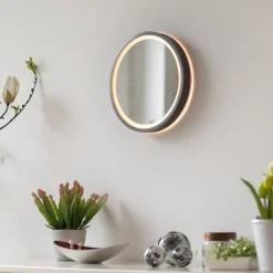 LED-vægspegel VIDRO, grå, Ø 26 cm, powerbank, afbryder