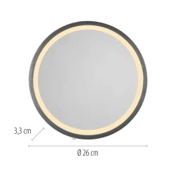 LED-vægspegel VIDRO, grå, Ø 26 cm, powerbank, afbryder