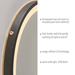 LED-vægspejl VIDRO, grå, Ø 46 cm, powerbank, afbryder
