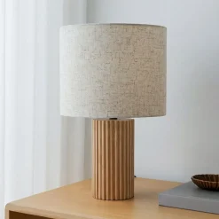 Lindby bordlampe Kimiko, højde 38 cm, træ, tekstil