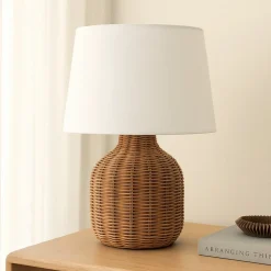 Lindby bordlampe Lirenda, højde 52 cm, rattan, natur/hvid