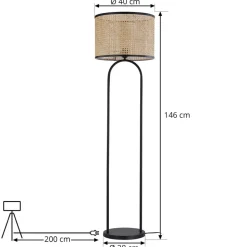 Lindby gulvlampe Yaelle, 146 cm høj, rattan, sort, E27