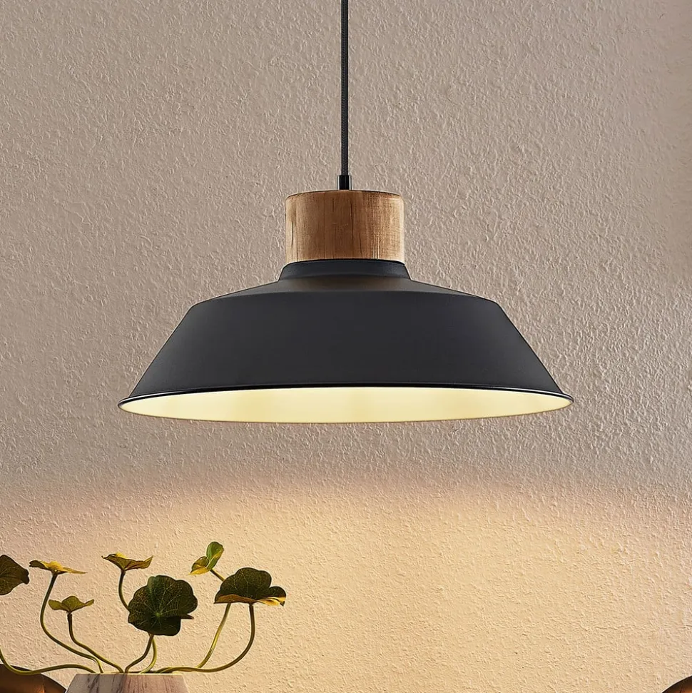 Lindby hængelampe Nefeli, Ø 42 cm, sort, træ, metal