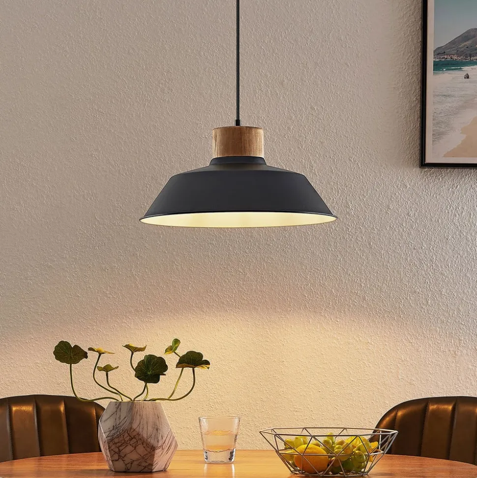 Lindby hængelampe Nefeli, Ø 42 cm, sort, træ, metal