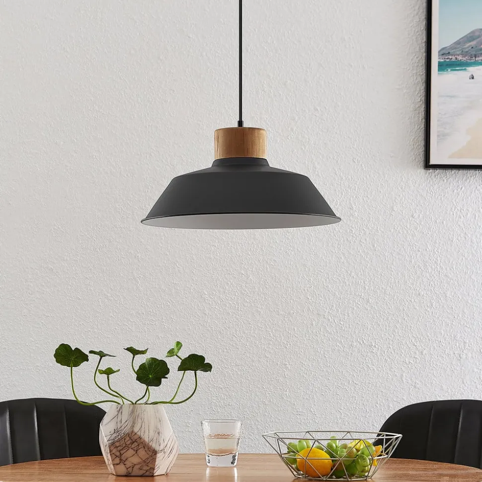 Lindby hængelampe Nefeli, Ø 42 cm, sort, træ, metal