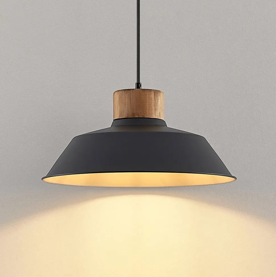 Lindby hængelampe Nefeli, Ø 42 cm, sort, træ, metal