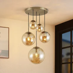 Lindby hængelampe Teeja, amber, 5 lyskilder, Ø50cm, glas, E27
