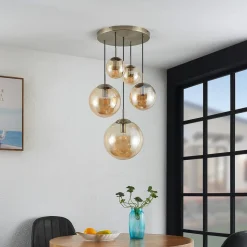 Lindby hængelampe Teeja, amber, 5 lyskilder, Ø50cm, glas, E27