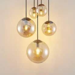 Lindby hængelampe Teeja, amber, 5 lyskilder, Ø50cm, glas, E27