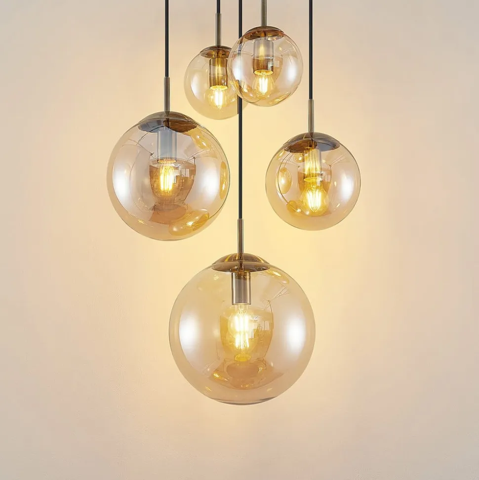 Lindby hængelampe Teeja, amber, 5 lyskilder, Ø50cm, glas, E27