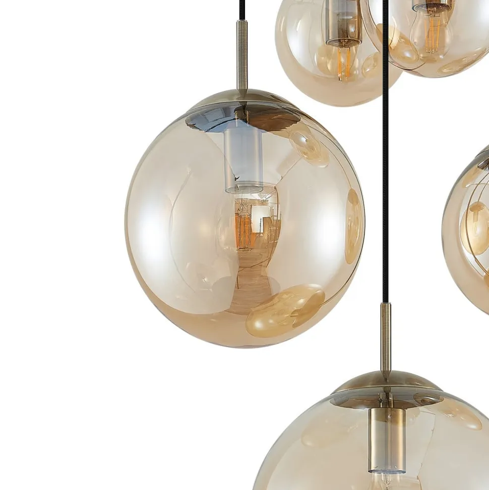 Lindby hængelampe Teeja, amber, 5 lyskilder, Ø50cm, glas, E27