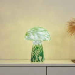 Lindby Hubi bordlampe, grøn, glas, Ø 22 cm, svampeform