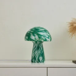 Lindby Hubi bordlampe, grøn, glas, Ø 22 cm, svampeform