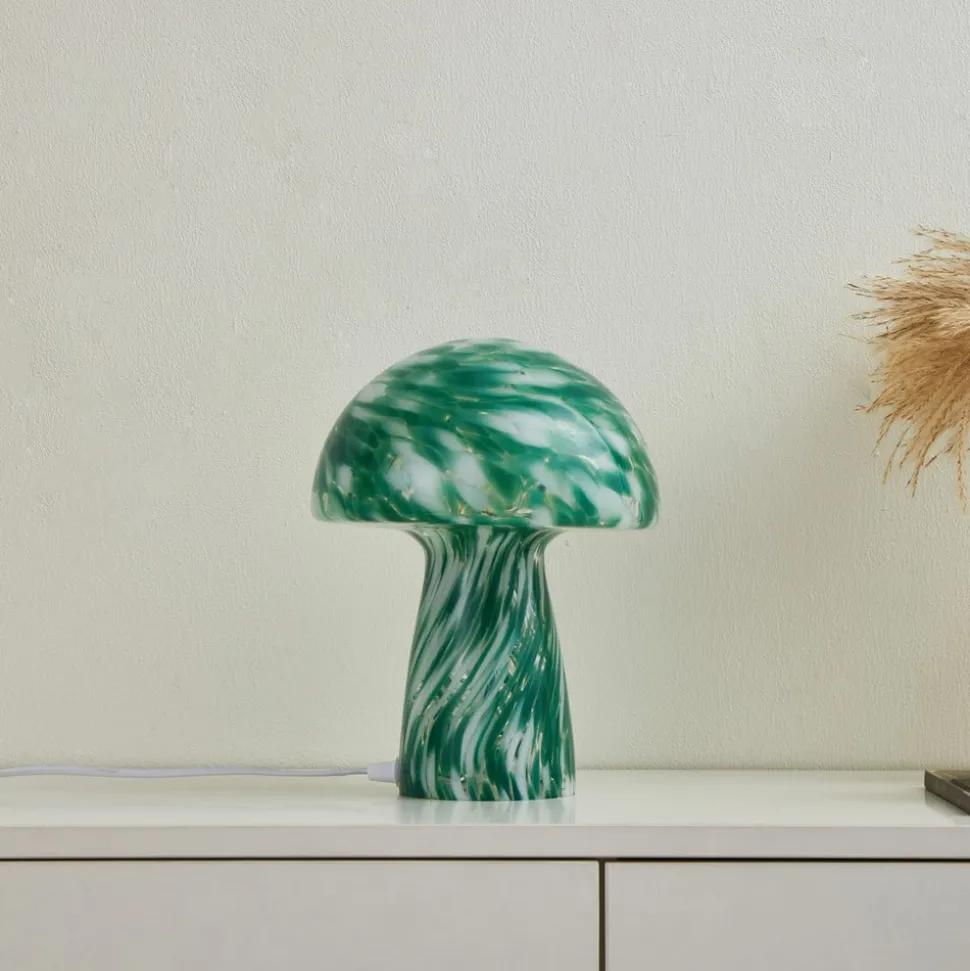 Lindby Hubi bordlampe, grøn, glas, Ø 22 cm, svampeform